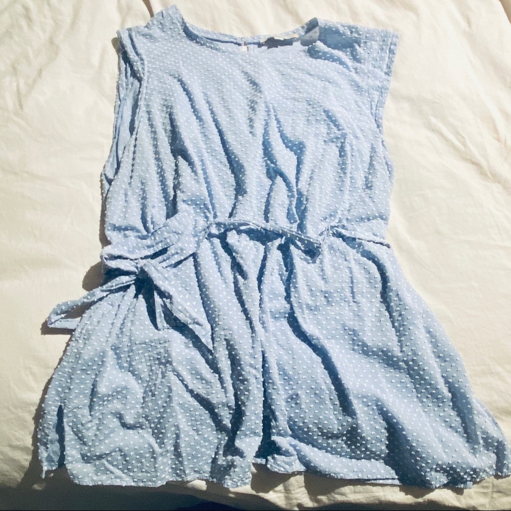Blue and white tunic top with tie waist